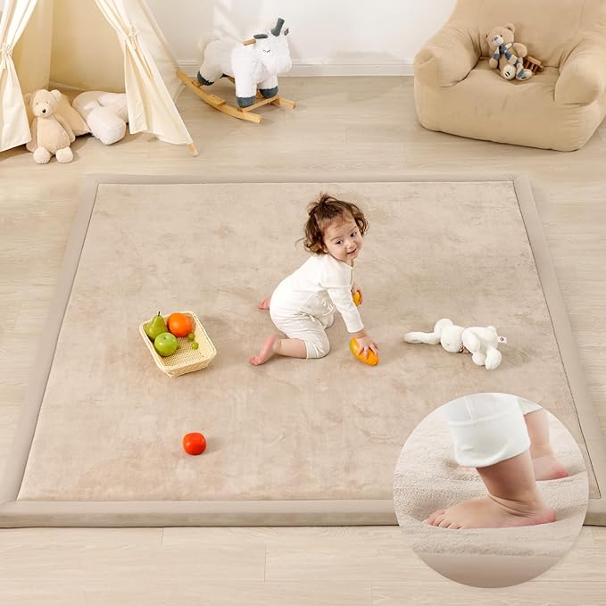 1.3" Thick Baby Floor Play Mat, 59x79 Padded Foam Tummy Time Crawling Mat, Non-Slip Water-Repellent Soft Plush Nursey Area Rug for Playroom Bedroom Living Room (Beige)