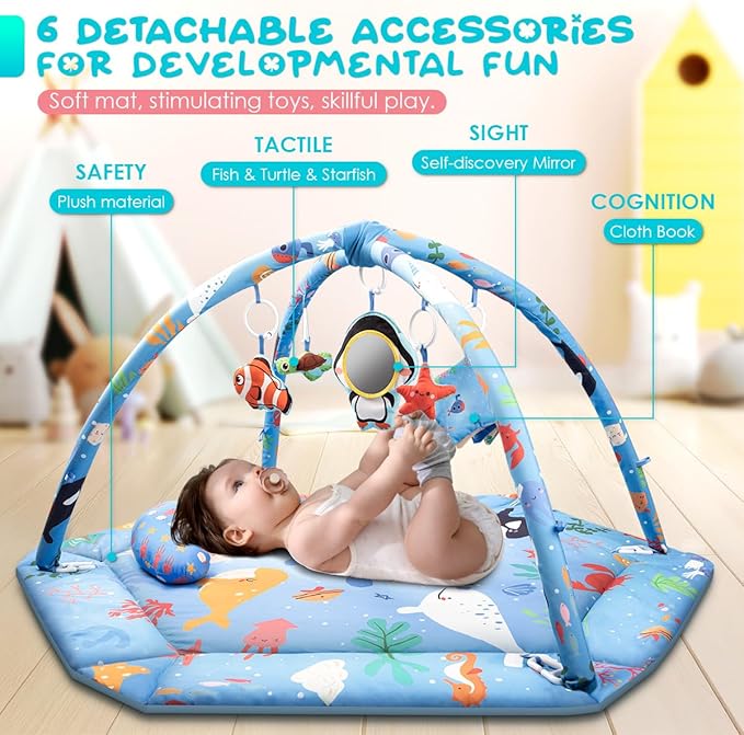 Baby Play Mat,Tummy Time Mat with 6 Detachable Toys-Activity Gym for Visual, Auditory & Motor Development-Washable Baby Activity Mat for 0-12 Month Infants(Ocean)