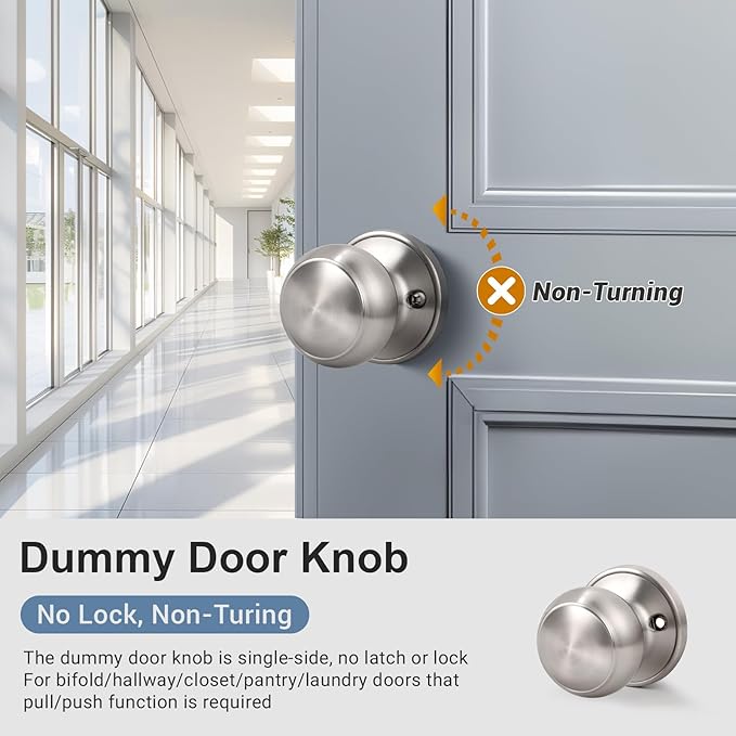 KNOBWELL 2 Pack Non-Turning Dummy Door Knobs Interior - Satin Nickel, Keyless Closet Door Knobs for French Doors，Single Side