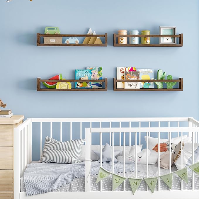 Fixwal Nursery Book Shelves, 23.6 Inch Floating Bookshelves for Wall Set of 4, Baby Nursery & Playroom Decor, Solid Wood Wall Mounted Shelves for Books and Toys Storage (Brown)