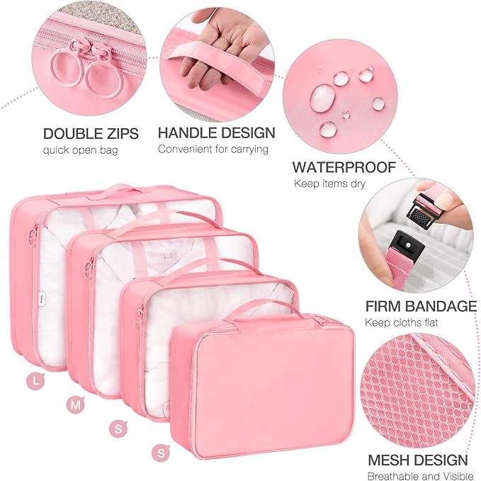 8 Set Packing Cubes for Suitcases,Packing Cube with Shoe, Cosmetics, Clothing, and Accessories Bags Packing Cubes for Travel Luggage Organizer Women Men (Pink)