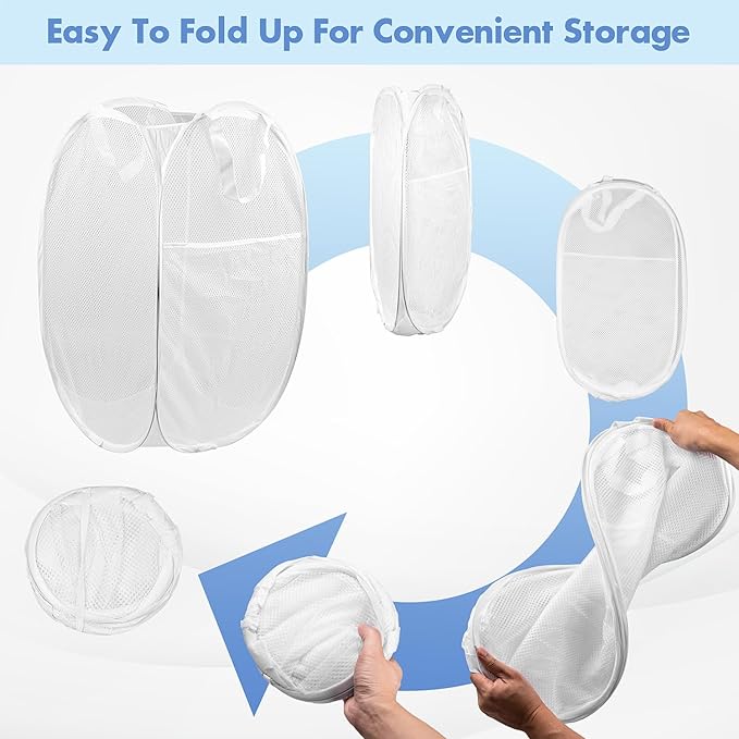 DUCOO Pop Up Laundry Hamper, 70L Collapsible Mesh Laundry Basket with Side Pocket, Foldable Dirty Clothes Hamper with Sturdy Reinforced Handles for Home Dorm Bedroom Travel Storage, White, 2Pack