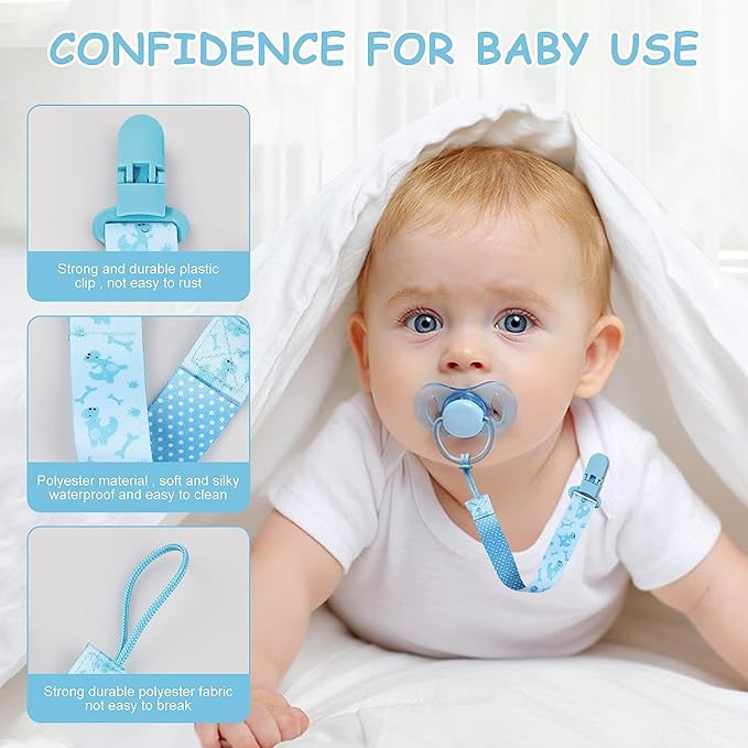4 Pcs Baby Dummy Strap Clip, Pacifier Clip Dummy Holder Straps with 4 Silicone Adapter, Soother Chains Clips Fit All, Soothers, Teething Toys, Baby Essentials