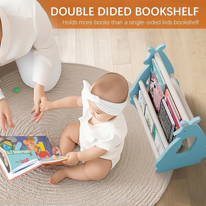 Lullulii Double Sided Kids Bookshelf – 2 Tier Portable Toddler Bookshelf, Book Shelf for Kids Rooms & Playroom, Cute Kangaroo Design Wooden Montessori Baby Bookshelf,Toddler Book Display Shelves,Blue