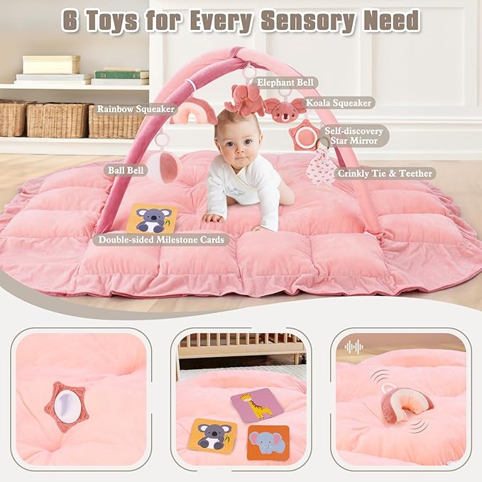 5-in-1 Plush Baby Play Gym, Baby Play Mats, Convertible Baby Gym, Tummy time mat, 6 Sensory Toys, Activity Center, Ball Pit, Light Pink