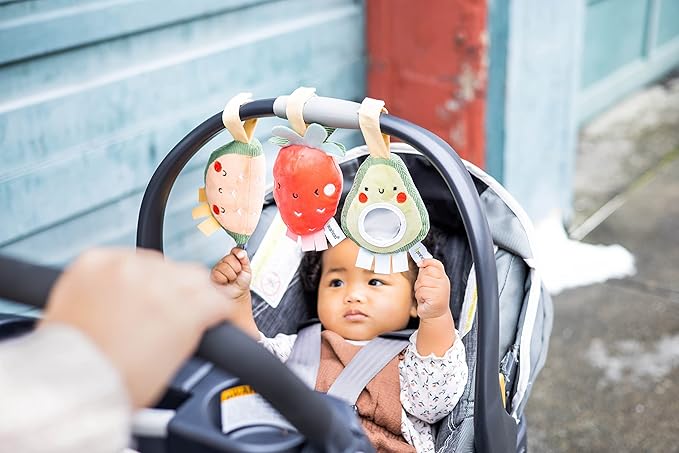 Pearhead Fruit Stroller Toys, Stocking Stuffers for Babies, Newborn Ideas, Plush Interactive Toy Set for Baby Car Seat with Hanging Mirror, Strawberry Avocado Watermelon, Set of 3