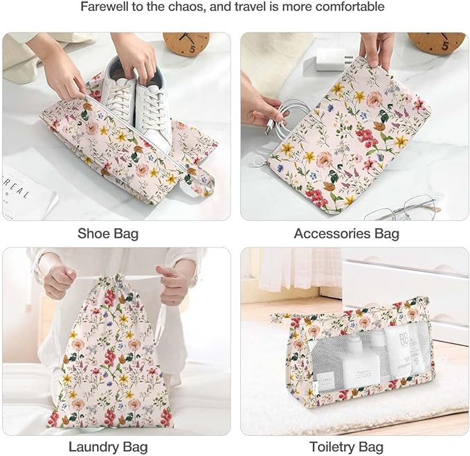 8 Set Packing Cubes for Suitcases, Packing Cube with Shoe, Cosmetics, Clothing, and Accessories Bags for Travel Luggage Organizer Women Men(Retro Flowers)