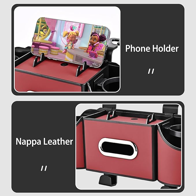 Back Seat Car Organizer,4 in 1 Multifunctional Car Back Seat Storage Box with Drink Cup Holder Tissue Box, for Hold Phone,Snacks, Drinks, Handbag-Red