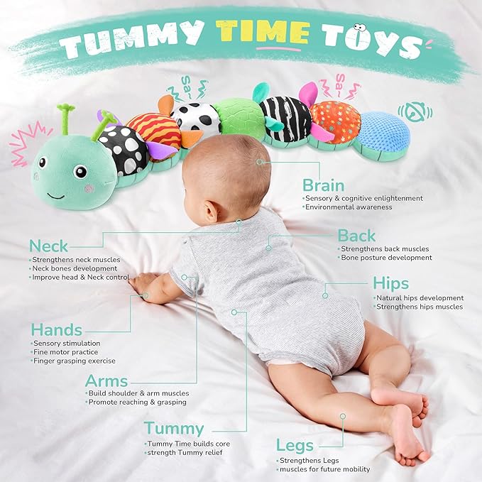 Baby Toys 6-12 Months Music Caterpillar,Stuffed Animals Infant Toys 0-3-6 Months,Baby Sensory Toys Tummy Time with Crinkle Rattle Teething Toys for Newborn Boys Girls Gifts Birthday|Ice Blue