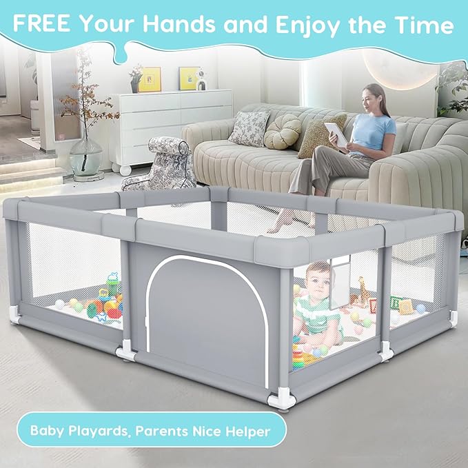 Fshibila Baby Playpen with Mat, Baby Playpens for Babies and Toddlers, BabyFence Play Pen for Indoor & Outdoor, Sturdy Safety Play Yard with Soft Breathable Mesh, 50 * 50 * 27 inches Grey