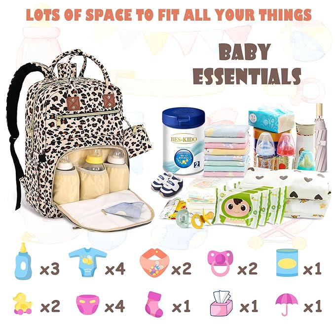 Tenot Baby Diaper Bag Backpack, Travel Diaper Bags for Baby Girl Boy Large Capacity Baby Bag Backpack for Women Leopard Print