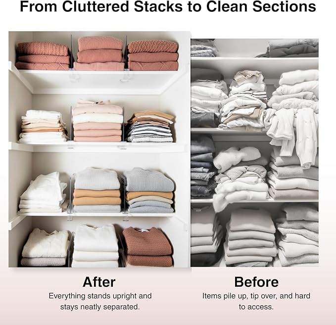 SortNStore Shelf Dividers Purse Organizer for Closet: 11-inch Tall(Extra Tall) Acrylic Sweater Organizer - Upgraded Extra Height for Large Handbags, Totes, Clothes, Towels on Wood Shelves 6-Pack