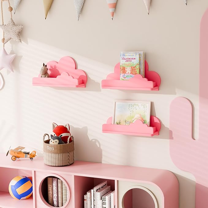 Beskadi Cloud Shelves for Kid’s Room Nursery Wall Deor Set of 3, Pink Cloud Bookshelf, Small Figure Shelf Wall Mounted, Cute Decorative Solid Wood Floating Shelves for Toys, Plants & Storage