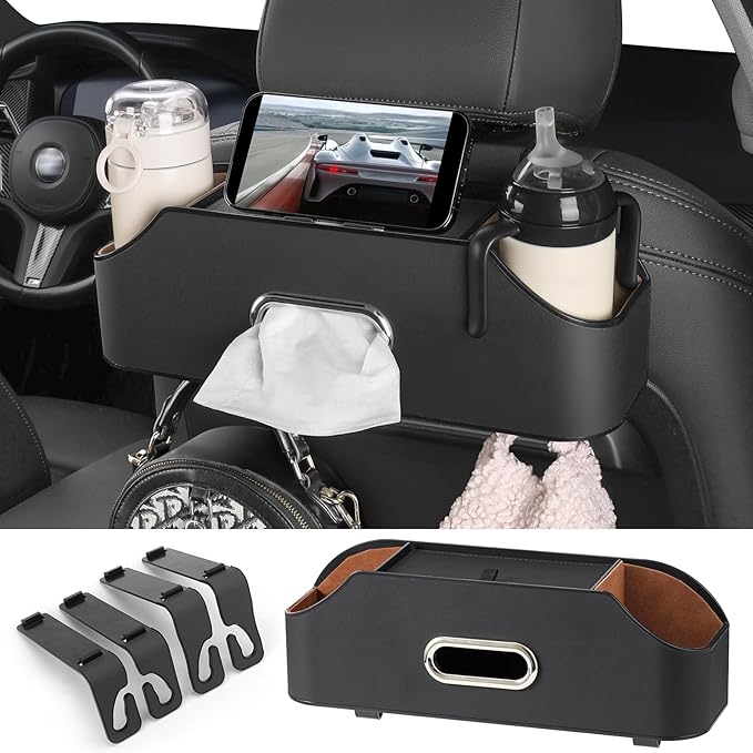 Sancaral Car Rear Backseat Extra Multifunctional Drink Cup Holder Organizers With Tissue Storage Box Organizer & Hooks For Car Seat Back. Black