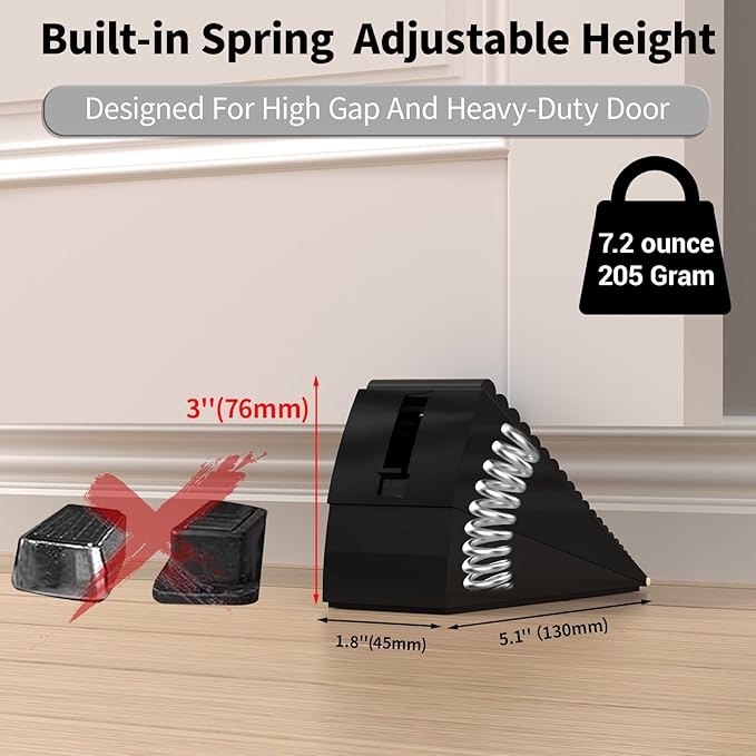 ZDZQJIA Heavy Duty Door Stoppers for Bottom of Door - Adjustable Spring Large Door Stop Wedge, Anti-Slip Rubber Grip,3" High Metal Doorstop Suits Carpet,Tile,Commercial,Home-Black4Pc+4 Wall Protectors