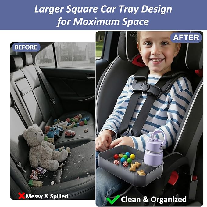 Car Seat Snack Tray for Kids, Mess-Free Square Travel Tray Cup Holder Snack Tray, Durable Car Food Tray for Toddlers, Universal Fit Kids Travel Road Trip Essentials (Dark Gray)
