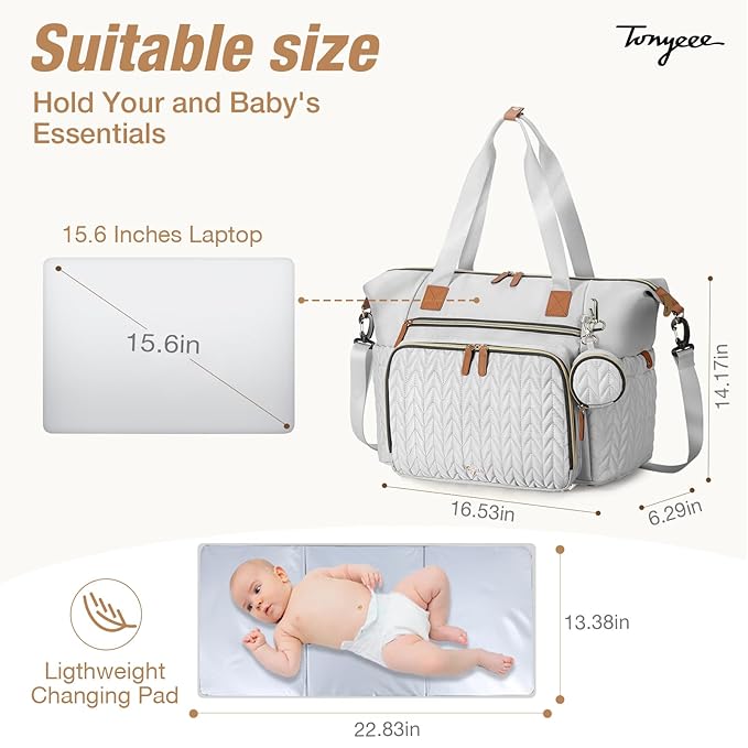 Tonyeee Diaper Bag Tote, Large Diaper Bags Waterproof, Hospital Bag for Labor Delivery, Baby Bag with Pacifier Case, Travel Diaper Tote with Changing Pad, Grey