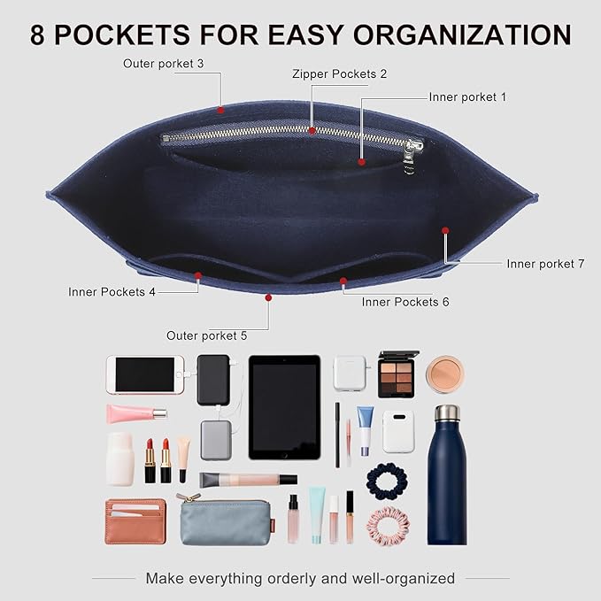 Premium Felt Purse Organizer Insert for Longchamp Le Pliage M Top Handle Tote Bag, Lighweight Long Champ Medium Tote Divider with Zipper Pocket,Bags Storage Shaper with 7 Pockets, Blue/SM