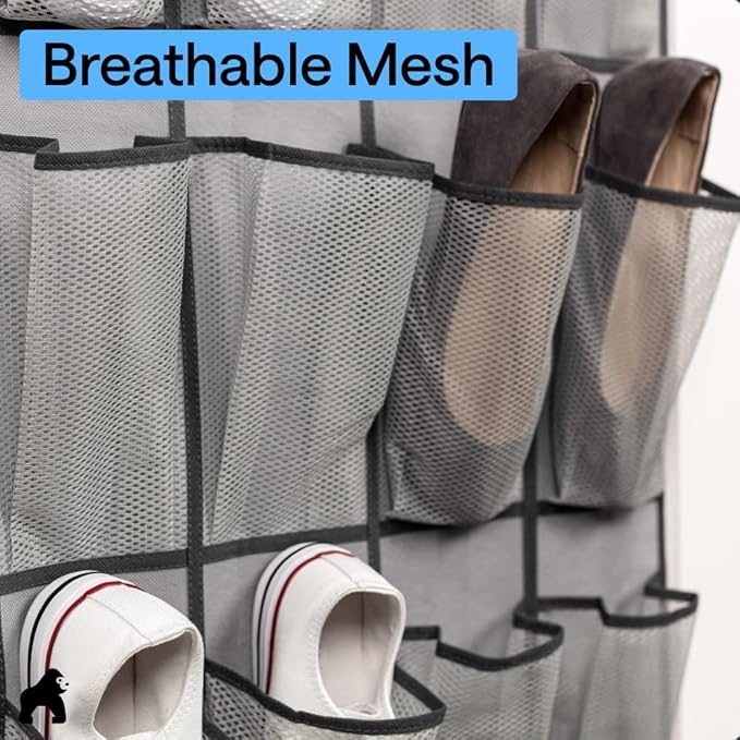 GORILLA GRIP Over the Door Shoe Organizer, 24 Large Breathable Mesh Pockets, Space Saving Hanging Storage Holder, Closet Rack Hanger Holds Up to 40 lbs, Hangs on Closets for Shoes, Accessories, Gray