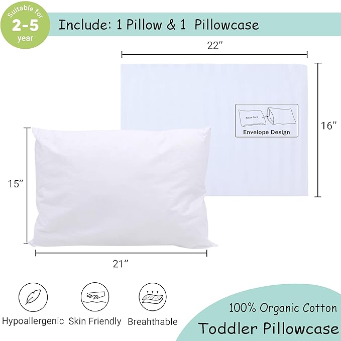 ZPECC Toddler Pillow with Pillowcase - 16x22 Organic Cotton Hypoallergenic Kids Pillow, Baby Essentials for Travel Crib Daycare Stroller (Intended for Age 2 and up) White Stripe