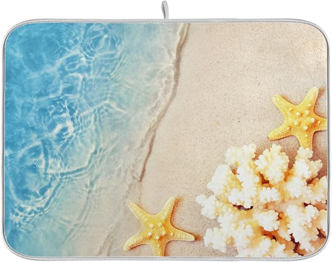 Absorbent Dish Drying Mat for Kitchen Counter - Starfish Coral Summer Microfiber Drying Pad, Reversible Drainer Mats for Countertop, Small 16" x 18"