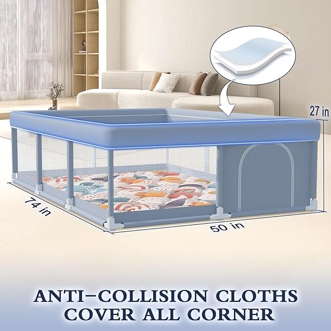 74 x 50 Inch Baby Playpen with Mat, Playpen for Babies and Toddlers, Baby Playard for Indoor & Outdoor Active Center Game Fence, with Skin-Friendly Fabric and Soft Breathable Mesh, Grey
