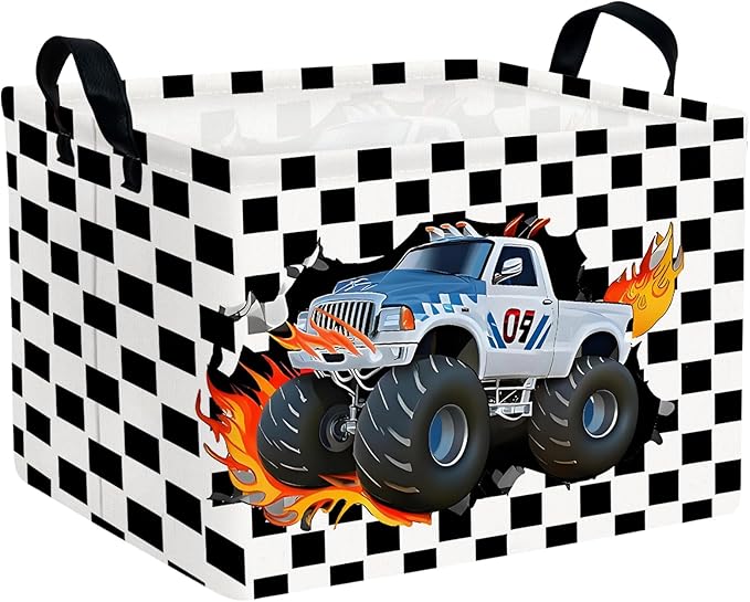 ASKETAM Racing Car Storage Basket Monster Truck Toy Book Shelf Basket Kid Room Decor Gift (Black and White Checkered)