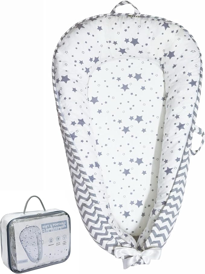 Aila+Aiden Baby Lounger | Organic Cotton Infant Lounger | Reversible, Adjustable & Portable Floor Lounger |Supervised Use | Soft, Breathable, Washable Cover - Star Collection (Gray)
