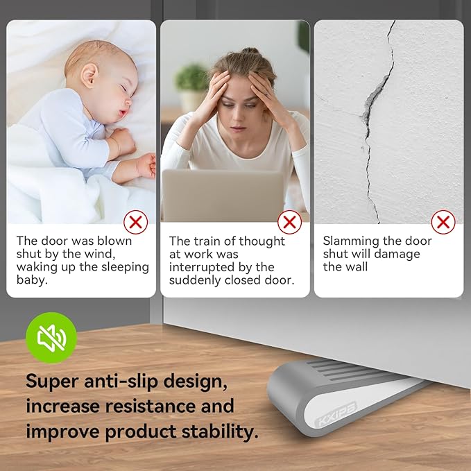 1 Pack Rubber Door Stopper Wedge - Grey Non-Slip Soft TPR High-Elastic & Zinc Alloy Metal Material Door Stops for Bottom of Heavy Duty Door Wall Protector for Home & School with Self Adhesive Holder