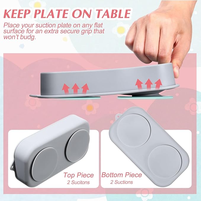 Uiifan 2 Pack Baby Suction Plate Set Silicone Suction Plate with Lid Divided Bowls for Portable Toddler Utensils Compact for Self Feeding Baby Travel Essential(Gray, Pink)
