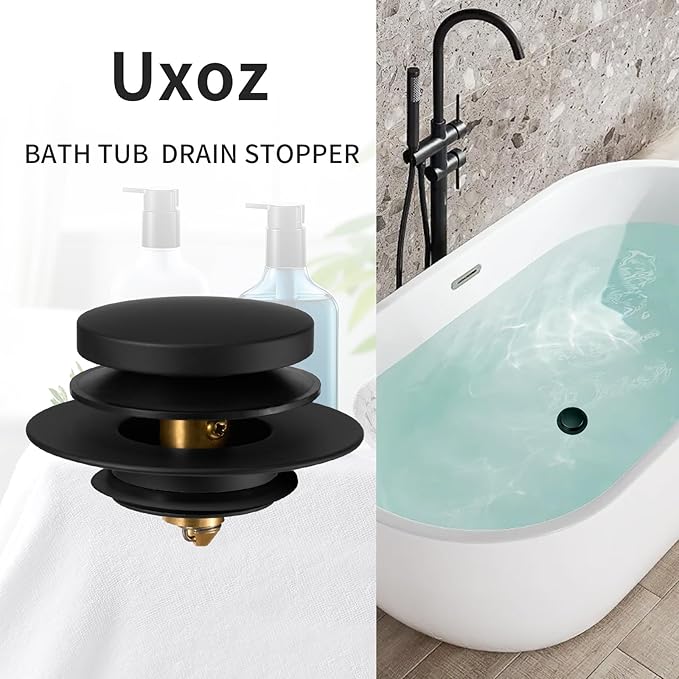 Bathtub Drain Stopper, Uxoz Universal Tub Stopper for Replacing Tip Toe/Trip Lever/Lift&Turn Tub Drain, Bath Tub Drain Stoppers Desiged for 1.5"-1.72" Drain Hole w/3 O-Rings, Black