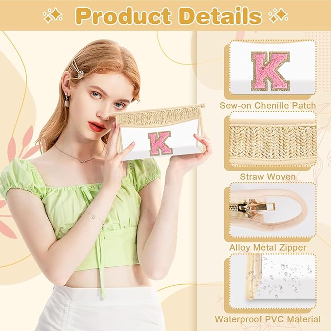 Small Boho Straw Initial Letter Makeup Bag Personalized Gift ,Cute Clear Chenille Patch Makeup Bag With Zipper,Trendy TSA Approved Travel Toiletry Bag,Gift for Women Girls Birthday Friend, Letter K