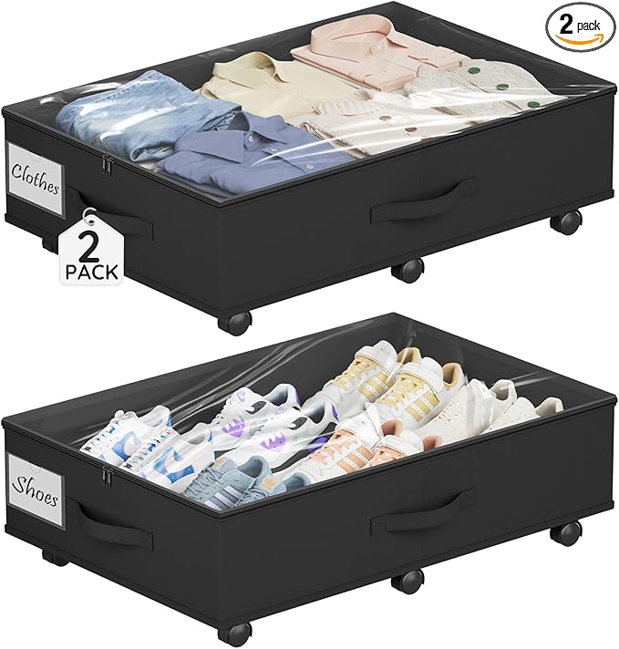 UTOLOVE Under Bed Storage with Wheels, 2-Pack Under Bed Storage Containers with Clear Lids, Under the Beds Storage Organizer Bins With Handles, Under Bed Drawer for Clothes, Shoes, Books, Toys