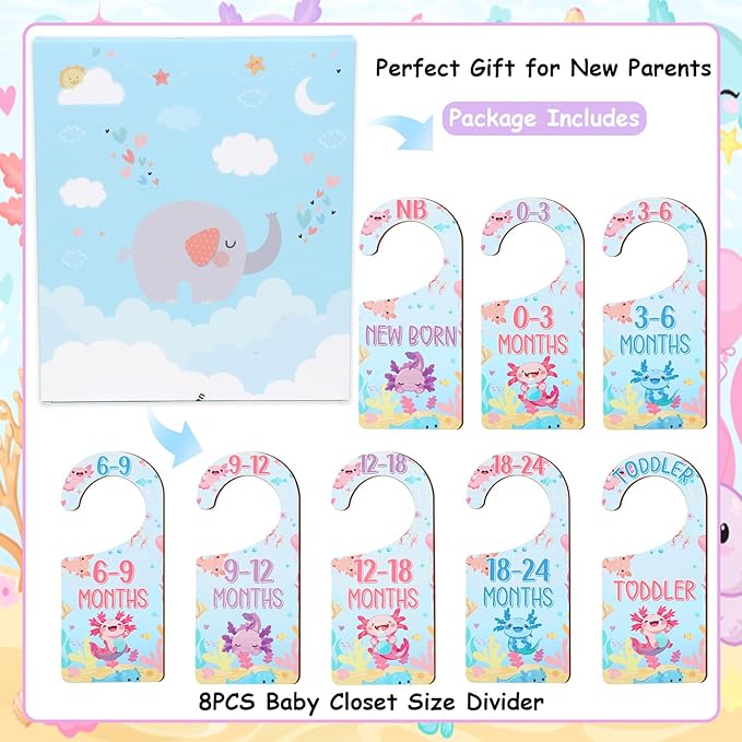 Baby Closet Dividers 8PCS, Axolotl Themed Wooden Double-Sided Clothes Size Hanger/Organizer from Newborn to Toddler for Nursery Decor Baby Shower Birthday Gender Reveal Party Gift