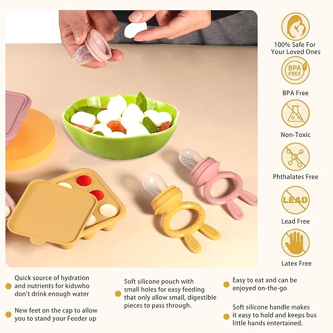 Baby Breastmilk Popsicle Molds & Baby Fruit Feeder (2 Pack), Baby Food Freezer Tray Storage Containers, Silicone Teething Pacifier Feeder and Teether for Babies,Baby Feeder - Yellow