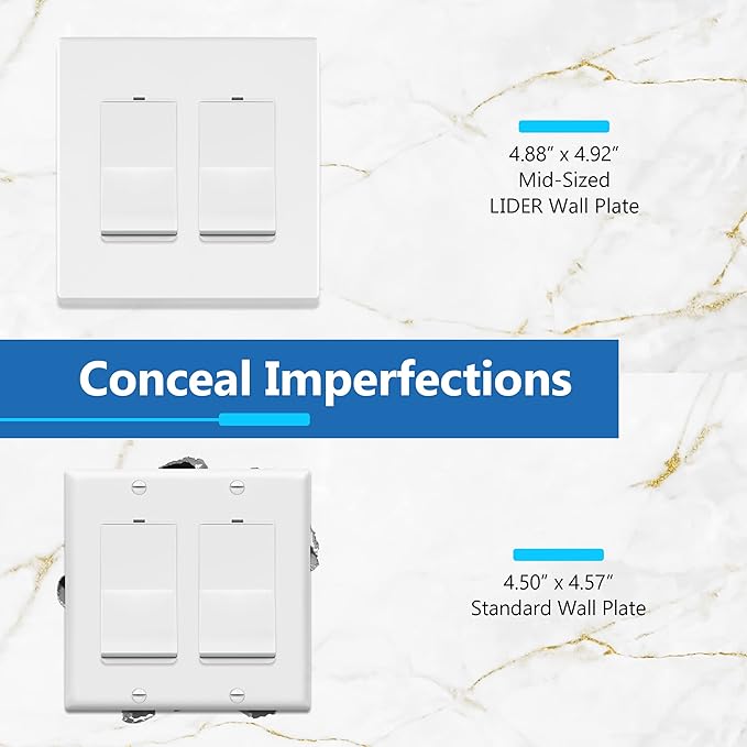 LIDER Matte Finish Double Decorator Switch Cover, Screwless Wall Plate, Mid-Size 2-Gang 4.88" x 4.92", Unbreakable Polycarbonate Thermoplastic, UL Listed, LSWP-32M-W2P, White, 2 Pack