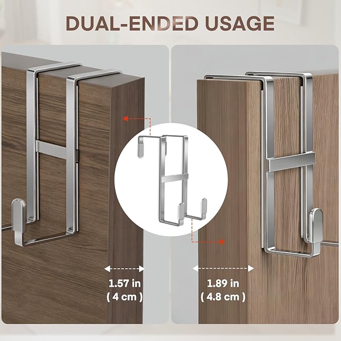 FYY 2 Packs Over The Door Hooks, Double Sided Door Hanger Hook - Heavy Duty No Drill Wall Hooks for Hanging Coats, Towels, Bags, Kitchen Closet Fits Most Doors Up to 1-7/8" Thickness (5.12"L, Silver)