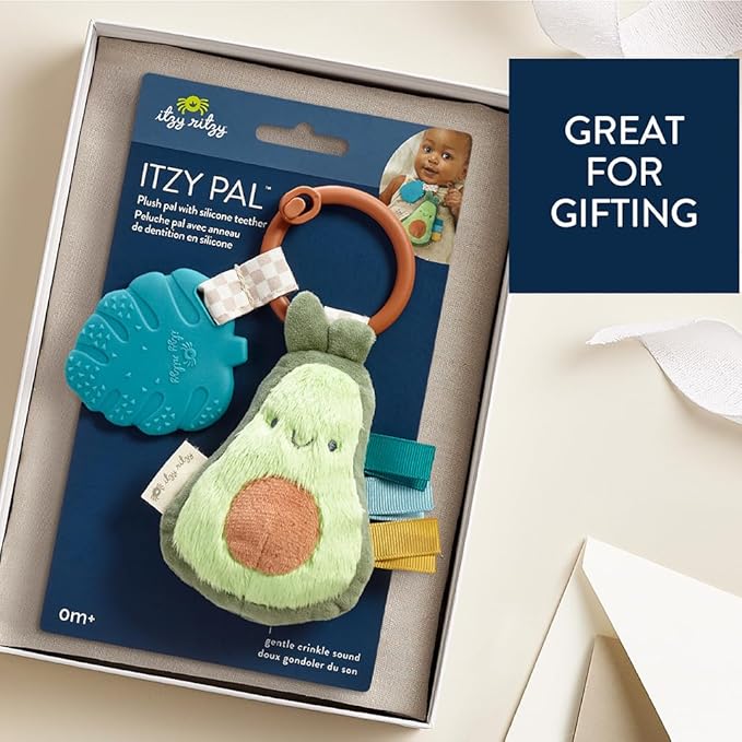 Itzy Ritzy Infant Toy & Teether - Itzy Pal Baby Teething Toy Includes Lovey, Crinkle Sound, Textured Ribbons & Silicone Teether for Newborn (Avocado)