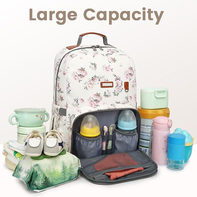 BILLITON MASHI Diaper Bag Backpack, Large Baby Nappy Bags with Portable Changing Pad for Boys and GirlsMultifunction Travel Baby Bag for Moms Dads, Shower Gifts Waterproof and Stylish，Flower Beige
