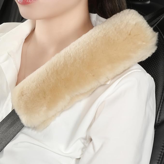 Fluffy Fuzzy Genuine Sheepskin Car Seat Belt Covers for Soft Auto Lambswool Seatbelt Pads, Shoulder Strap Cushion Adults Kids (1, Bamboo)