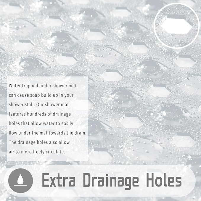 Yimobra Square Shower Floor Mat Non Slip, 21"x21" Machine Washable Bath Tub Mat, Soft on Feet, Bathmat with Drain Holes and Suction Cups, Fast Draining, Clear