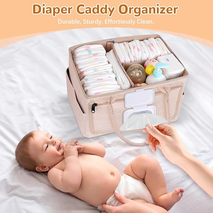 Volnamal Premium Diaper Caddy with Smart Side Wipes Pocket, Diaper Organizer, Portable Car Organizer & Nursery Basket for Newborn Essentials, Perfect Registry Must Haves for Boys & Girls, Beige