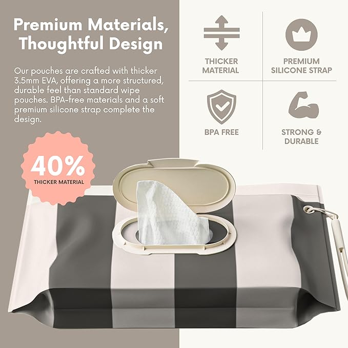Moodie NEW 3 PACK Baby Wipes Holder | Refillable Wipes Container w/ DOUBLE-LOCK SEAL |Travel Wipe Case | Portable Wipe Dispenser for Diaper Bag w Silicone Strap | Reusable Wipes Pouch (CLOUDY GREY)