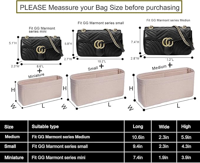 LEXSION Felt Insert Purse Organizer with Zipper,Mini Handbag Tote Shaper Insert for GG Marmont Matelasse Shoulder Bag(Pack of 2)- Buy 1 Get 1 Bag Free X-Small 8030 Beige