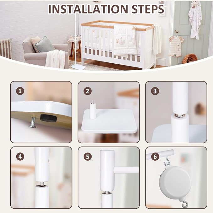 White Floor-Standing Crib Mobile Arm - 65" Baby Mobile Stand for Crib - Mobile Arm for Crib - 100% Beech Wood - Adjustable Mobile Hanger with Anti-Tip Base - Easy Assembly - Modern Nursery Decor