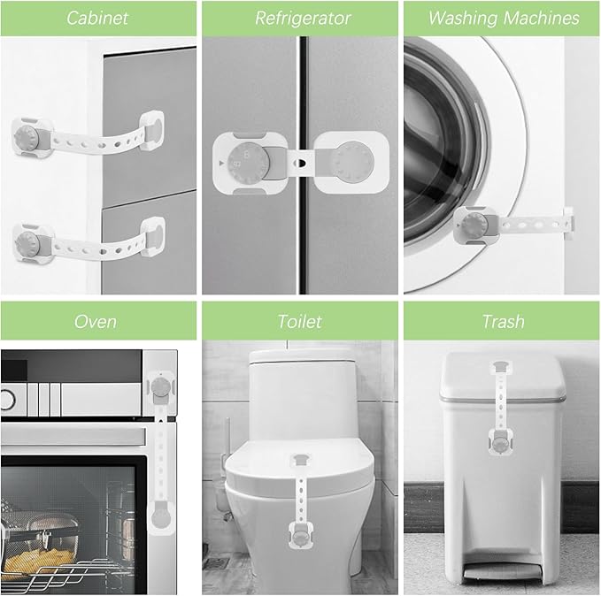 Songaa Child Safety Cabinets Strap Locks 4 Pack - Adjustable Baby Proofing Cabinet Latches for Drawers, Oven, Dishwasher, Fridge, Toilet Seat, Trash Can, with 3M Adhesive Pads - Gray