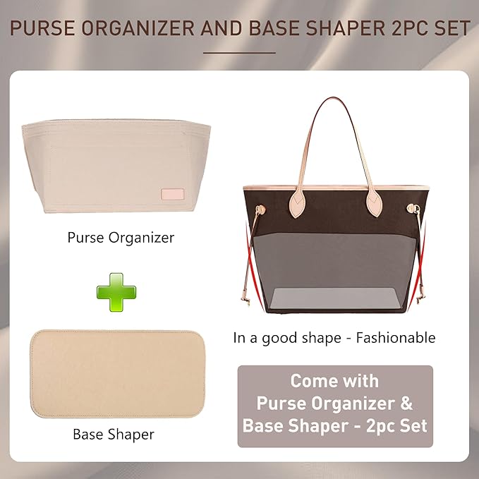 Doxo Purse Organizer Insert Handbag Tote Felt Bag Fit L Neverfull GM & Base Shaper 2pc Set(X-Large,Beige-Combination)