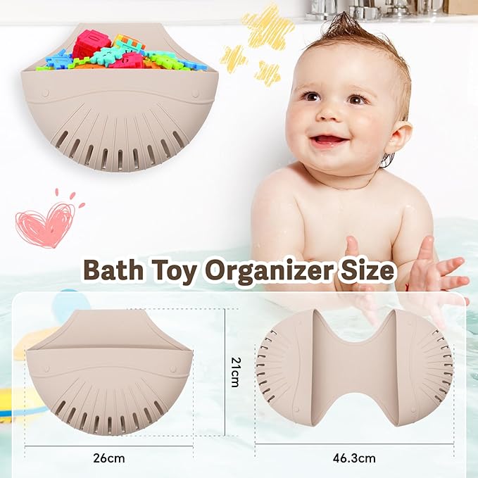 Silicone Bath Toy Organizer for Tub, Flexible 2-Compartment Bathtub Storage Basket for Kids & Adults, Drainable Toy Holder and Foldable Shower Caddy for Bathroom Essentials（Beige）