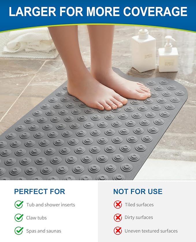 Bathtub Mat Non-Slip Without Suction Cups, 39x16inch Extra Long Bath Mats for Shower Bathroom, Machine Washable Natural Rubber Shower Tub Mat (39x16inch, Deep Grey)