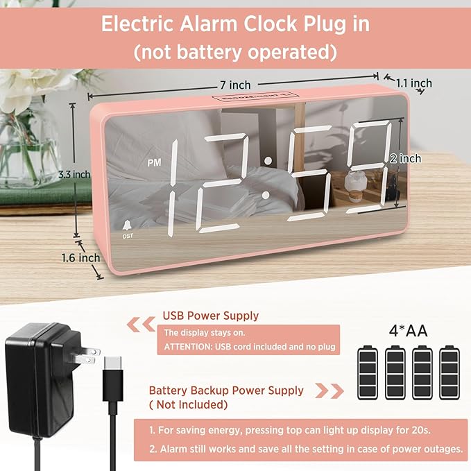 Peakeep Digital Clock, Alarm Clock Battery Backup Powered for Bedrooms - Mirror Face Large Numbers 6 Dimmers for Seniors, Super Loud for Heavy Sleepers (Pink)